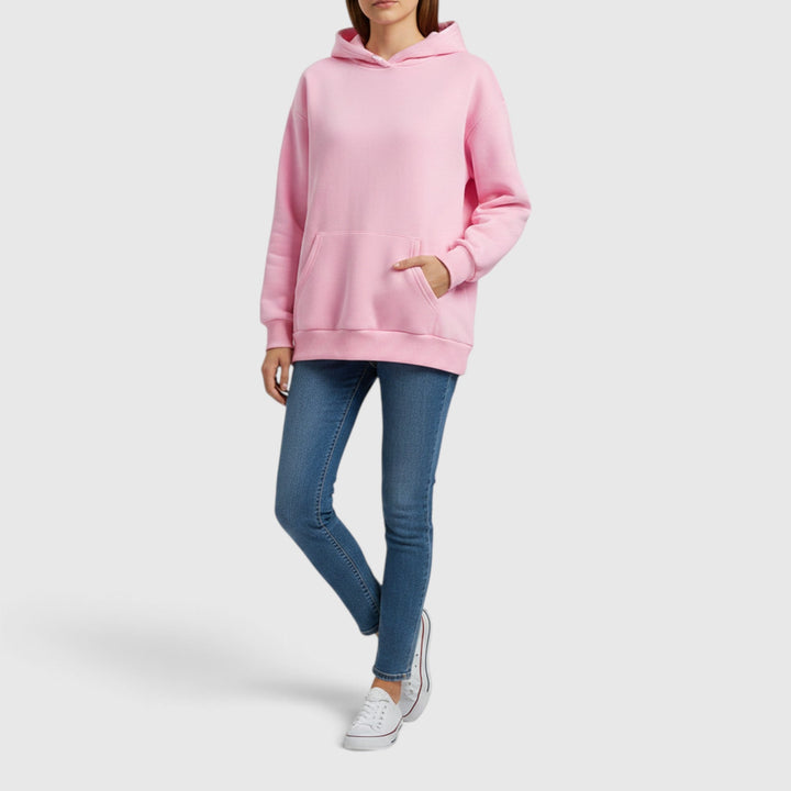 Soft women's relaxed fit hoodie, perfect for cozy fall & winter casual wear. Features a warm kangaroo pocket.