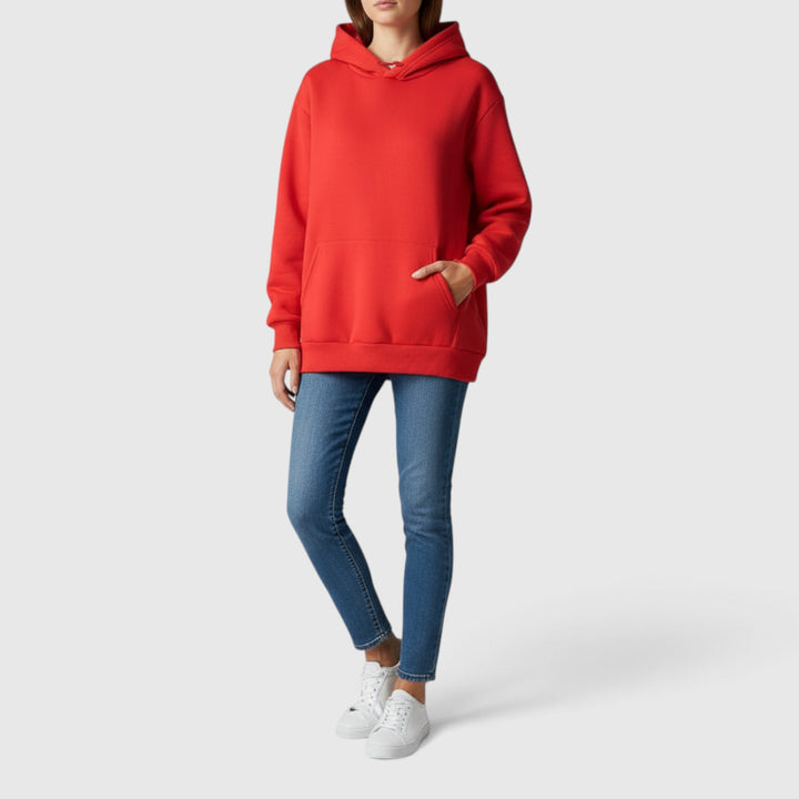 Stylish women's relaxed fit pullover hoodie, super cozy with a functional kangaroo pocket for everyday comfort.