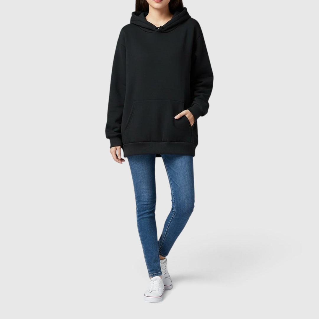 Loose-fit women's pullover hoodie. Cozy oversized design with a practical kangaroo pocket for ultimate comfort.