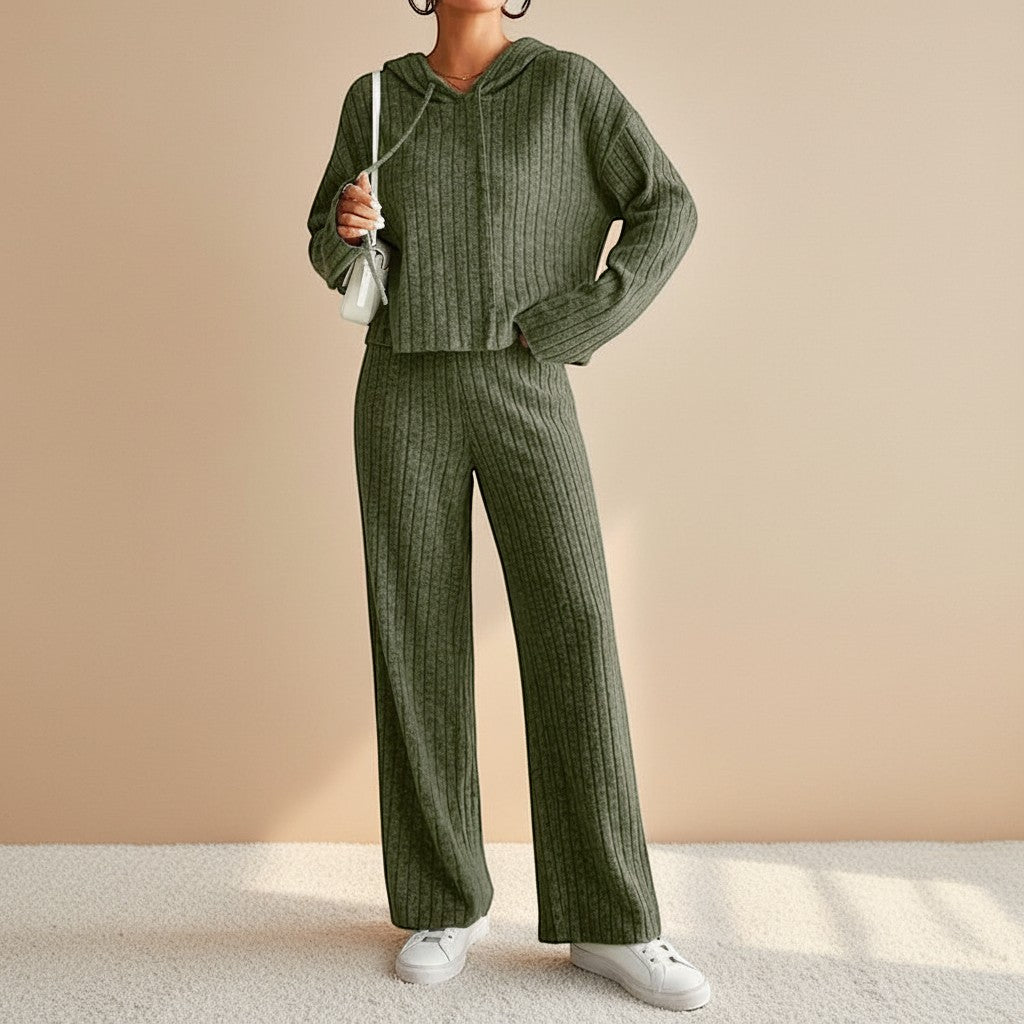 Chic women's ribbed knit hoodie and relaxed pants set. A versatile two-piece casual outfit for home or travel.