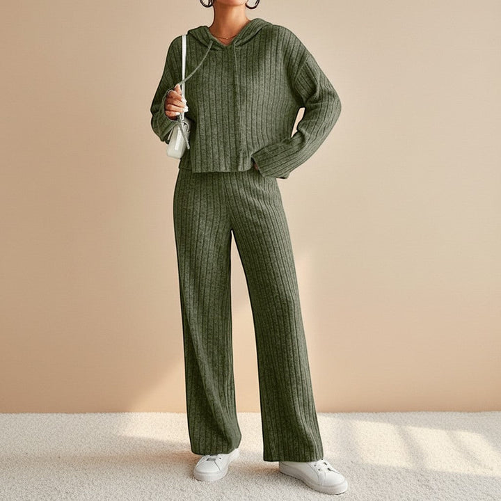 Chic women's ribbed knit hoodie and relaxed pants set. A versatile two-piece casual outfit for home or travel.