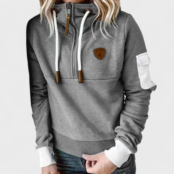 Women's soft knit zip neck jumper, cozy long sleeve top for comfortable fall & winter everyday wear.