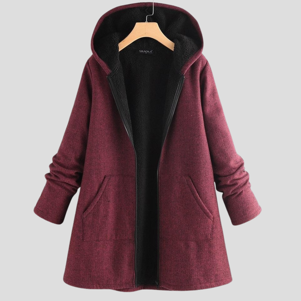 Solid color women's hooded winter coat. A warm, cozy jacket for cold weather, ideal for layering & casual wear.