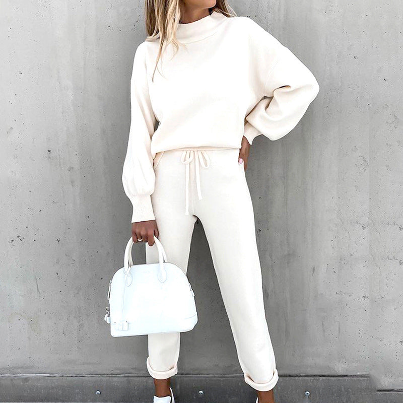 Women's cozy sweater lounge set with long-sleeve pullover and drawstring waist, perfect for comfy home wear.