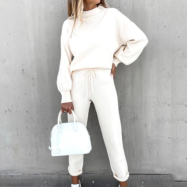 Women's cozy sweater lounge set with long-sleeve pullover and drawstring waist, perfect for comfy home wear.