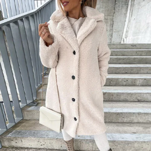 Stylish women's teddy winter coat featuring a button-front closure and comfy notched collar design.