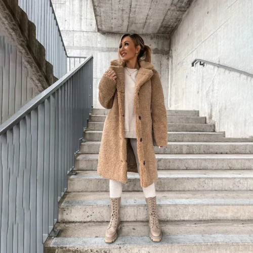 Women's fuzzy teddy coat, button-front with elegant notched collar, warm outerwear for cold days.