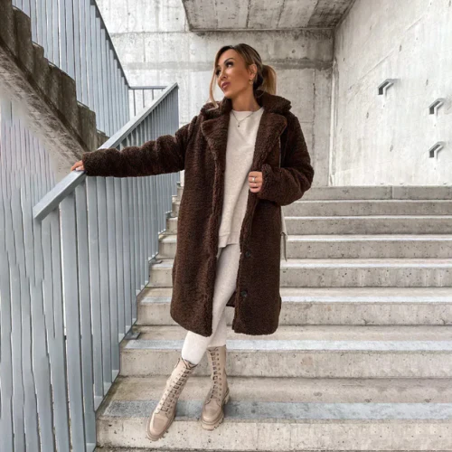 Soft women's teddy button-front coat for cozy fall and winter fashion. Notched collar style.