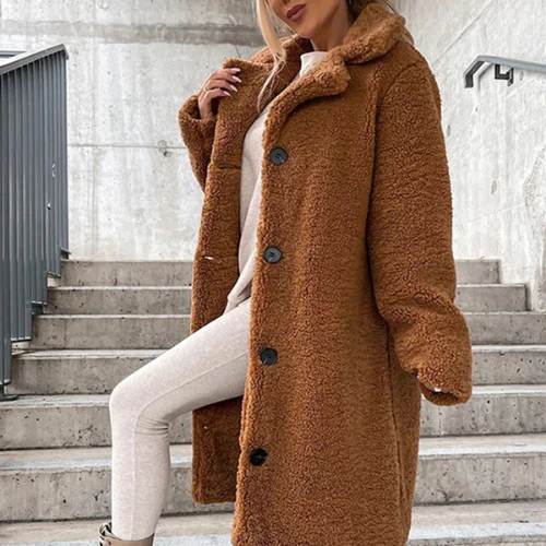 Women's luxurious teddy coat, button-front design, notched collar for ultimate winter comfort.