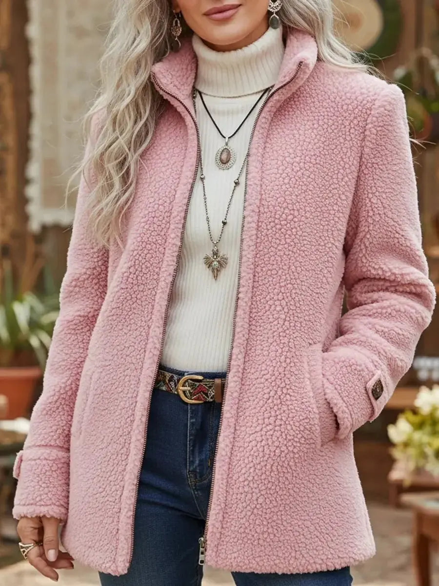 Women's cozy teddy zip-up coat with stand collar. Soft fleece outerwear for winter warmth & fall fashion.