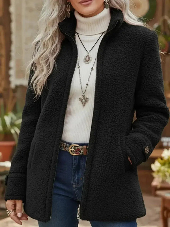 Women's warm teddy zip-up coat with stand collar. Cozy fleece outerwear, perfect for fall and winter fashion.