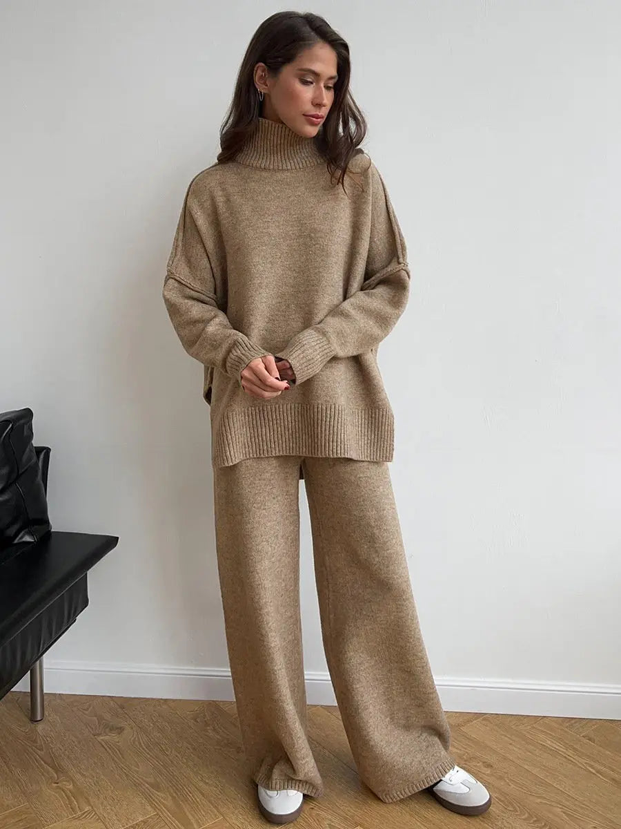 Women's cozy turtleneck lounge set with wide leg pants. Relaxed fit for effortless style & comfort.