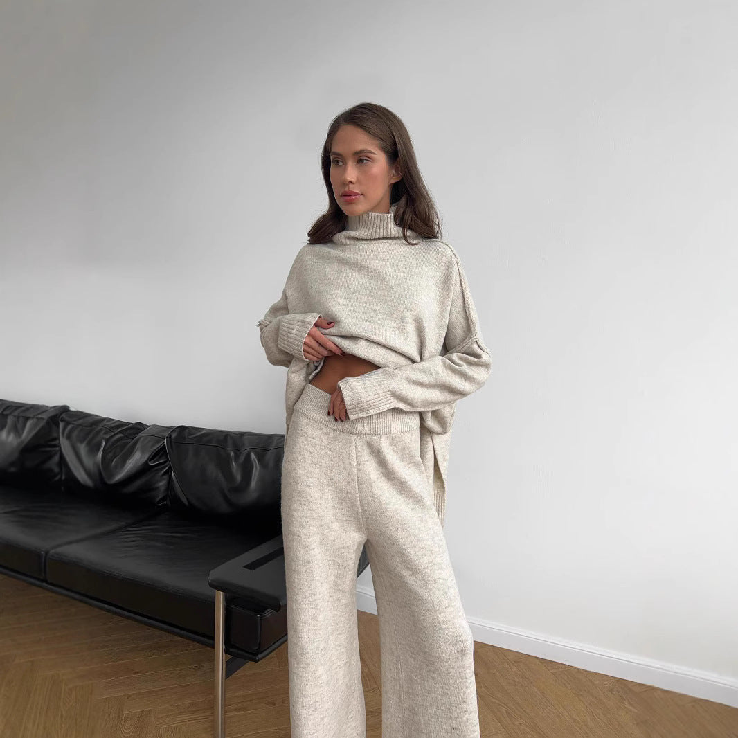 Full view of women's flattering turtleneck loungewear set with wide-leg pants. Designed for ultimate comfort.