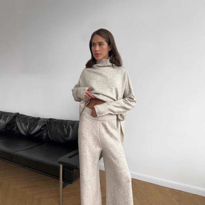 Full view of women's flattering turtleneck loungewear set with wide-leg pants. Designed for ultimate comfort.