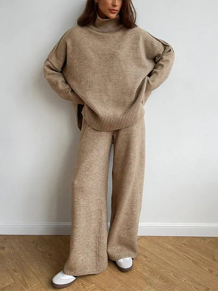 Soft knit women's two-piece loungewear set. Turtleneck top & wide leg pants for casual chic comfort.