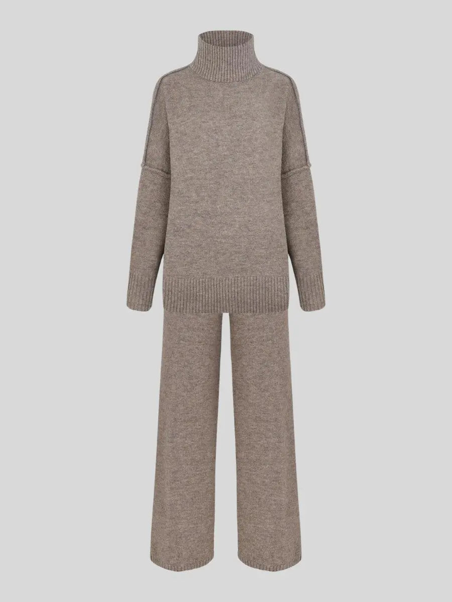 Modern minimalist women's loungewear set. Cozy turtleneck top & wide leg pants for comfortable fashion.