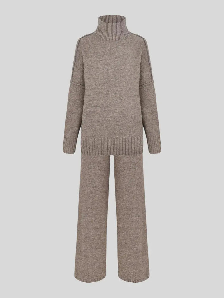 Modern minimalist women's loungewear set. Cozy turtleneck top & wide leg pants for comfortable fashion.