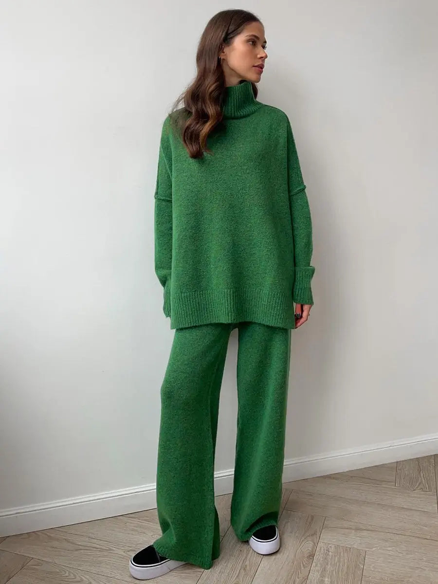 Premium women's fashion lounge set featuring a soft turtleneck and comfy wide leg pants. Effortlessly chic.