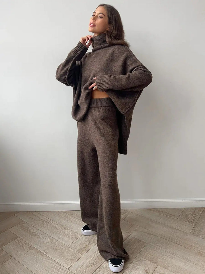 Elegant women's solid color turtleneck top & wide leg palazzo pants. A versatile, cozy two-piece outfit.