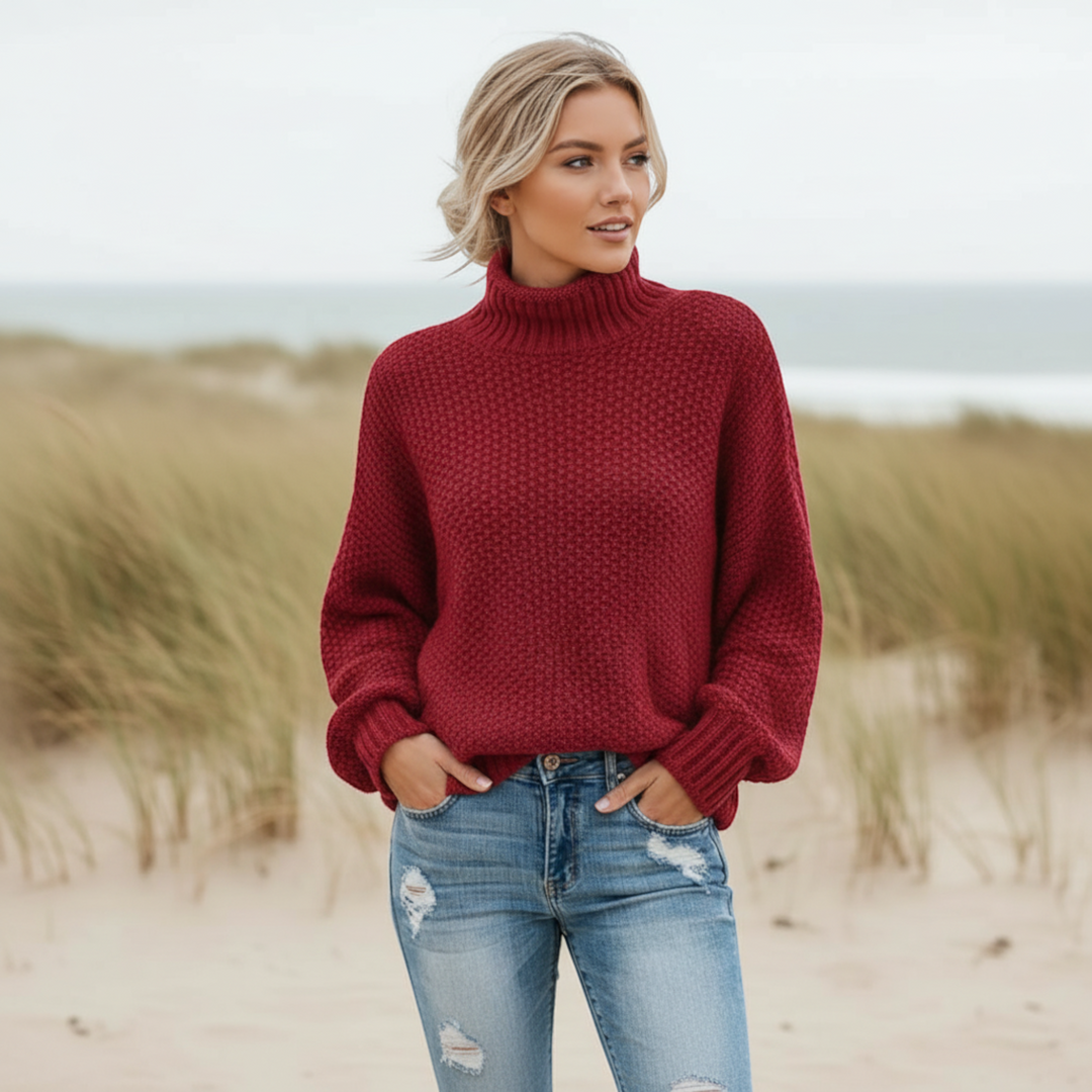 Cozy women's comfortable sweater. Relaxed fit turtleneck pullover for fall & winter fashion.
