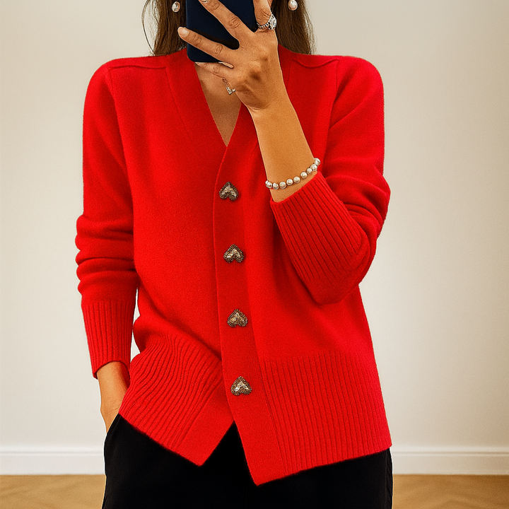 Women's cozy V-neck knitted cardigan sweater. Soft button-front layering piece for autumn & winter style.
