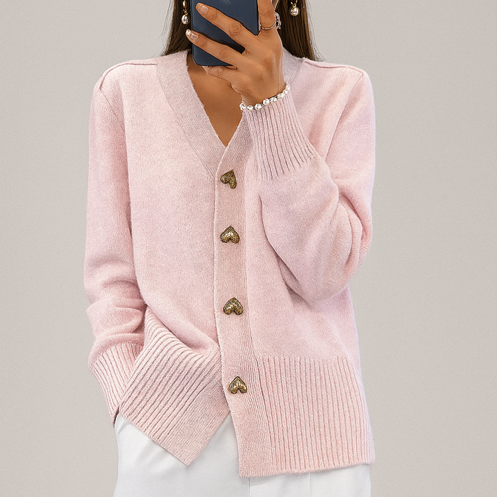 Soft, warm knitted V-neck cardigan for women. Ideal cozy wear, a versatile layering piece for winter fashion.