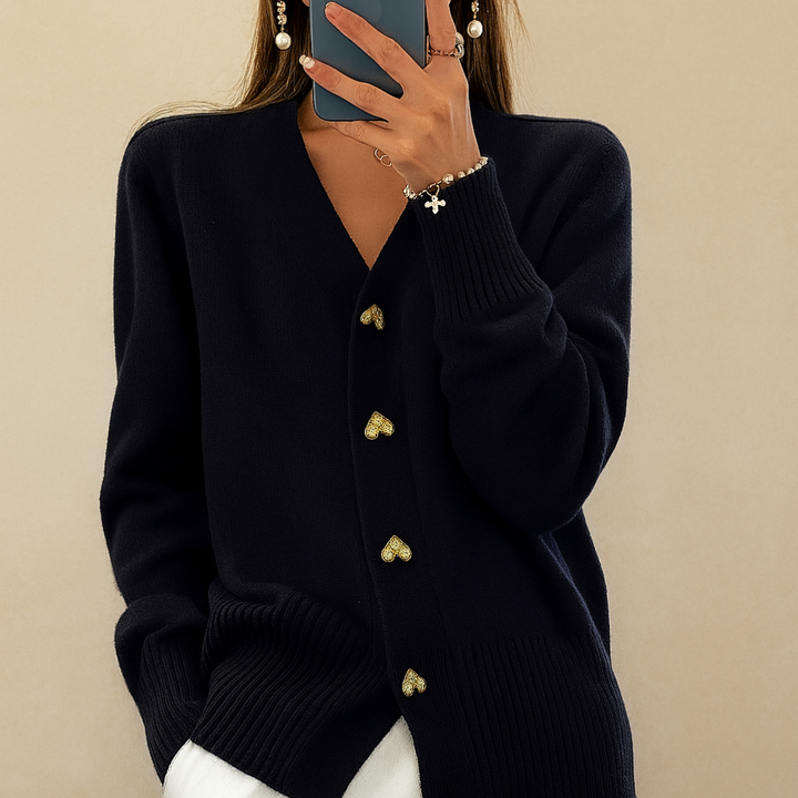 Stylish women's V-neck button-front cardigan sweater. Elegant knitted top for casual chic & cozy autumn outfits.