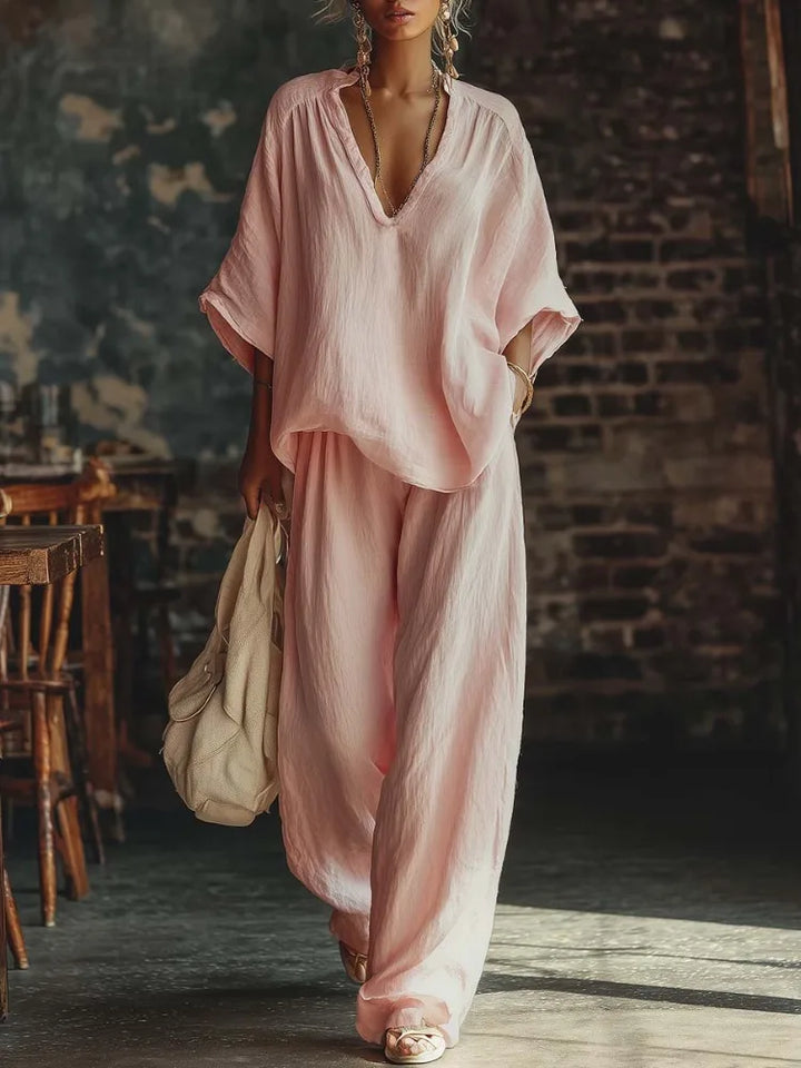 Women's crinkled plunging wide-leg two-piece set, perfect for a loose, comfortable summer or holiday outfit.