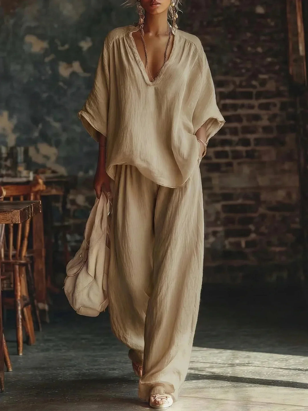 Comfortable women's loose-fit crinkled two-piece set with a plunging top & wide-leg pants for casual summer wear.