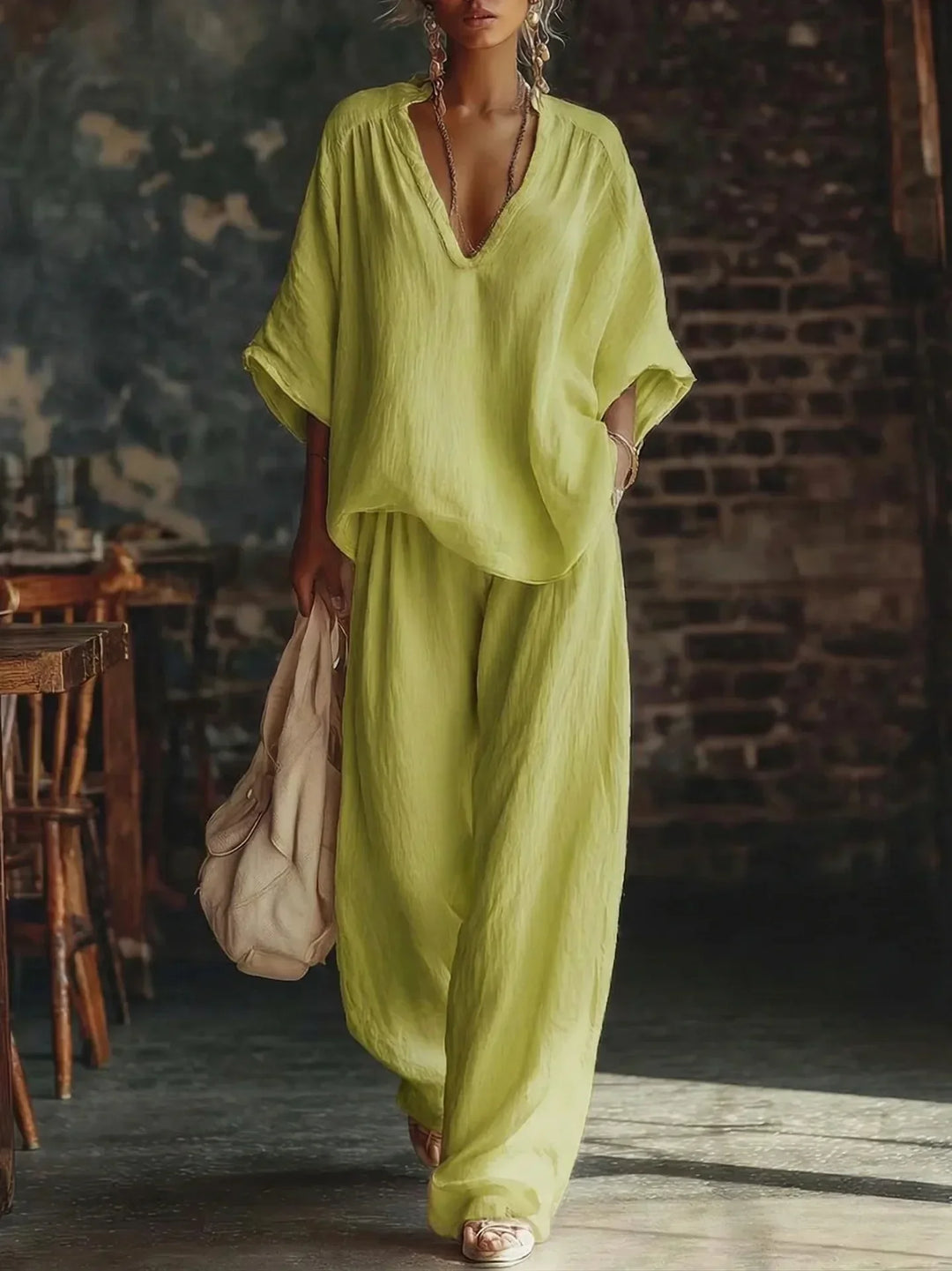 Women's casual crinkled two-piece set with a plunging neckline and fashionable loose wide-leg trousers.