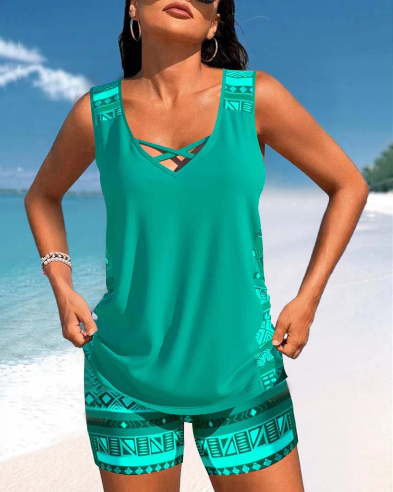 Women's criss cross neck printed tankini two-piece swimwear for beach & summer vacation.