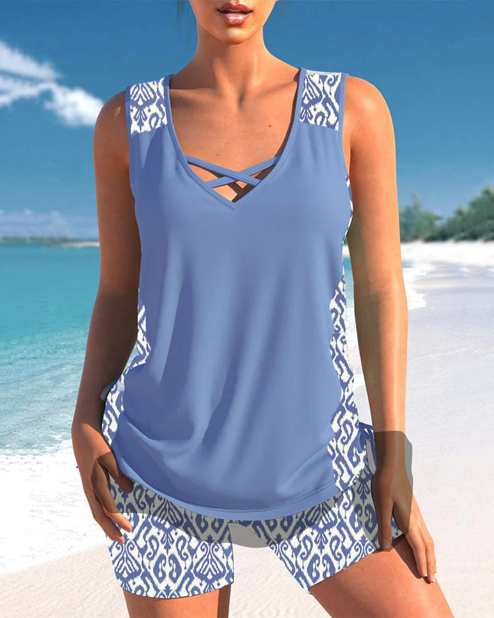 Back view of women's criss cross neck printed tankini set, offering comfortable beach style.