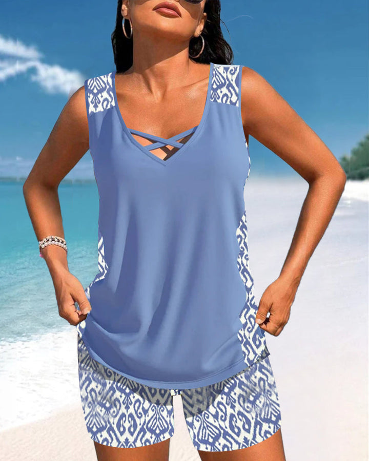 Side profile of a women's printed two-piece tankini swimsuit, ideal for resort vacations.