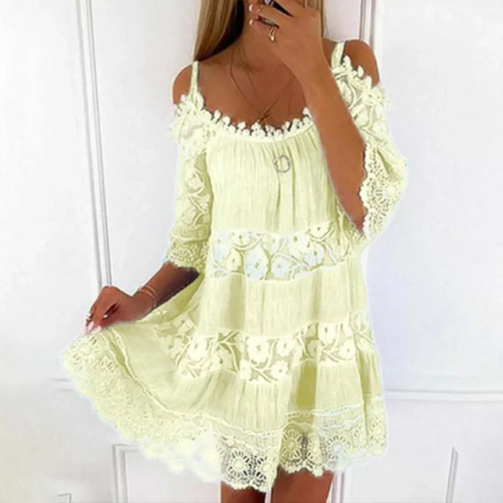 Versatile women's short dress: crochet lace, embroidery, cold shoulder. Ideal for spring, summer, beach & vacation.