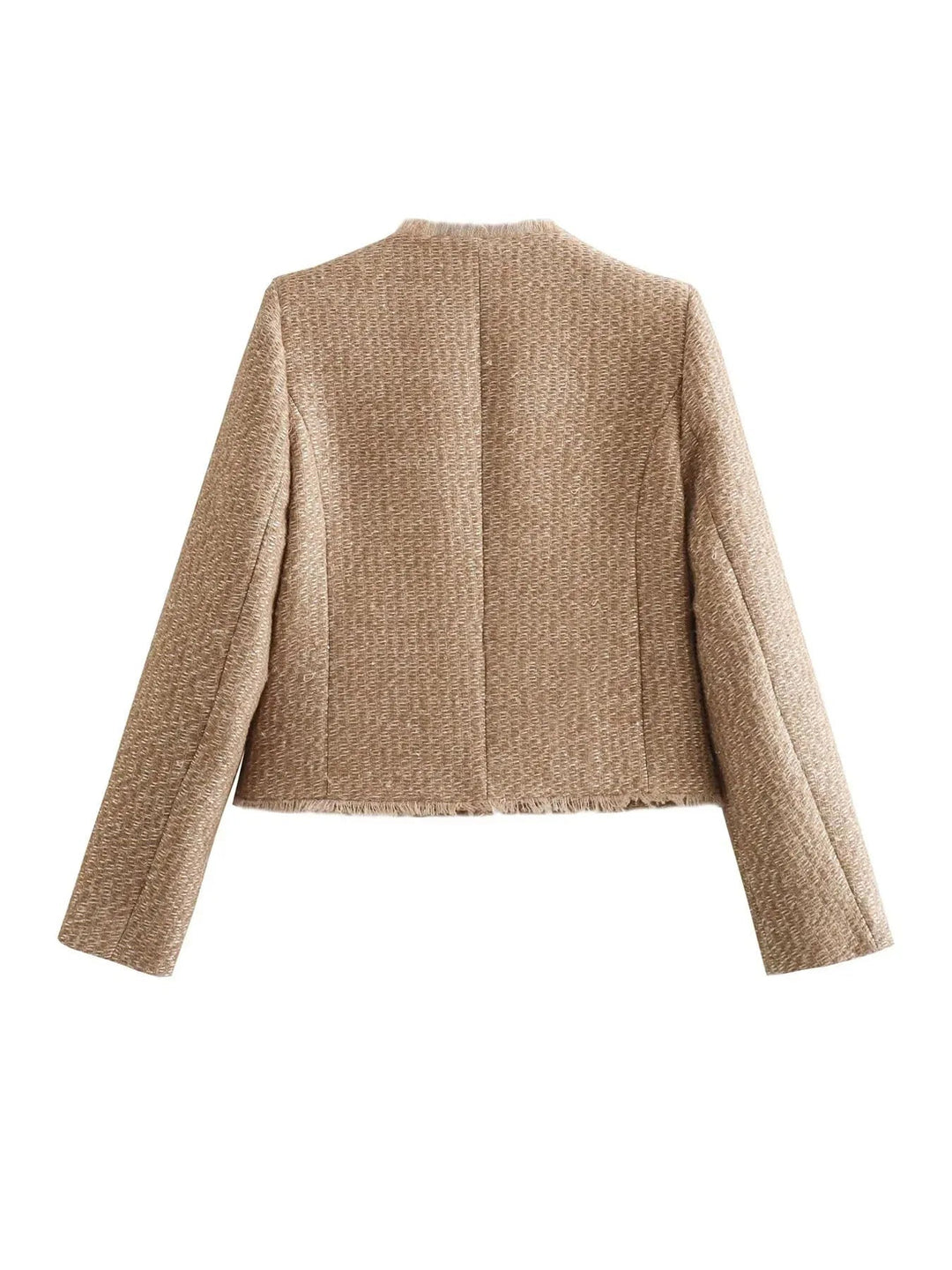 Sophisticated women's short button-front blazer, tailored for elegant layering and modern style.