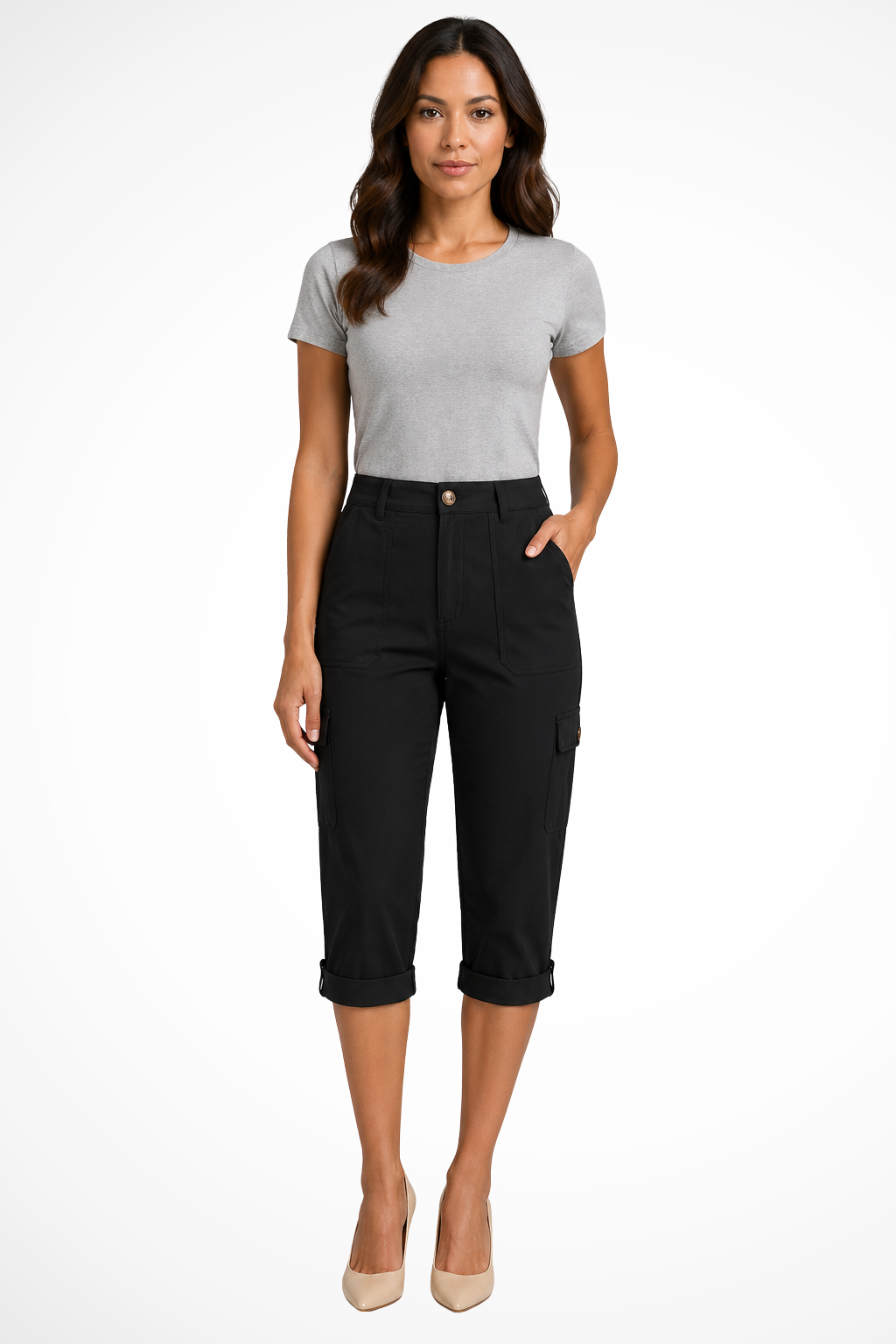 Women's cropped cargo pants with roll-up hem, perfect for versatile spring/summer casual wear.