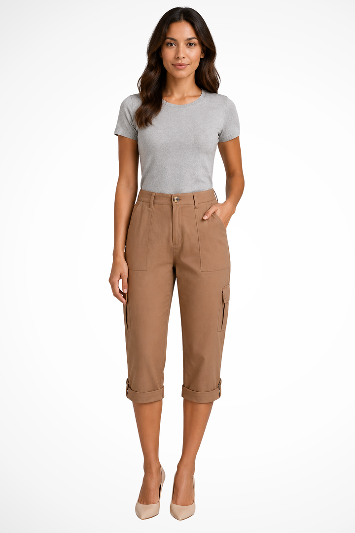 Women's utility cropped pants with roll-up hem, offering style and comfort for everyday fashion.