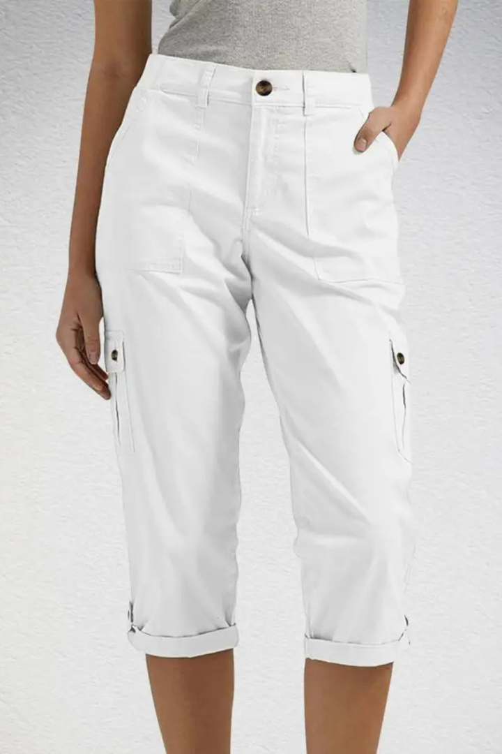 Women's stylish cropped cargo pants, multi-pocket design with a roll-up hem for versatile wear.