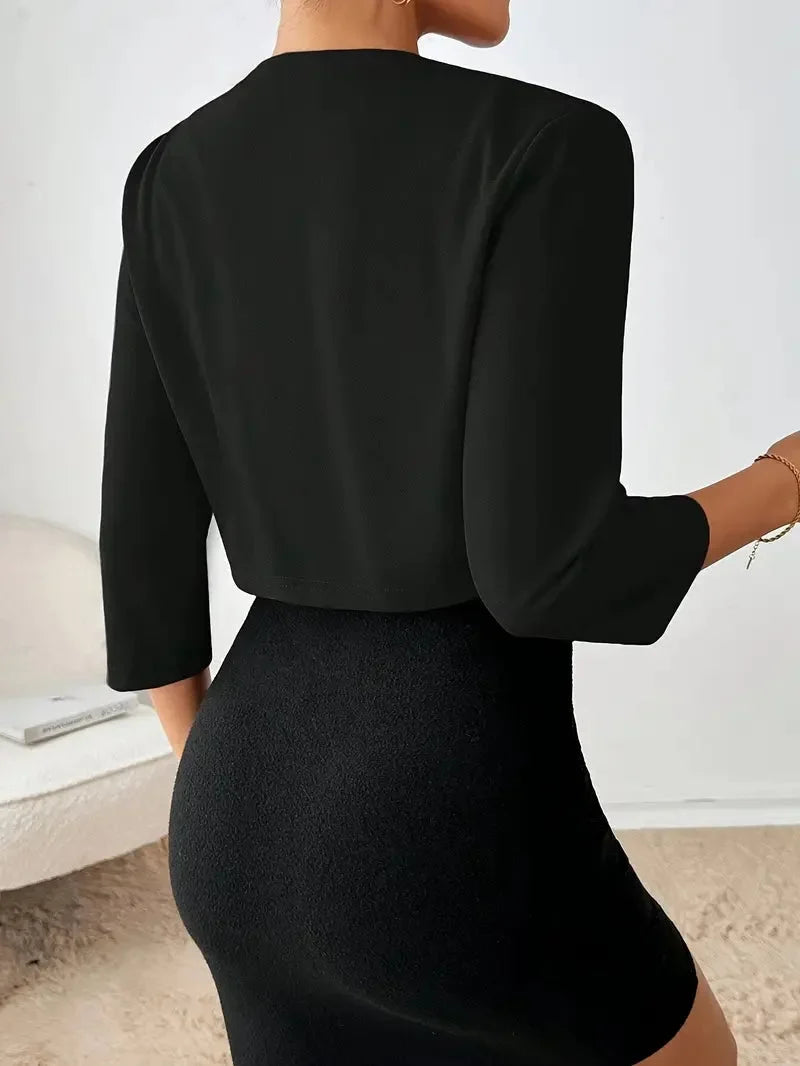 Elegant women's open front blazer, cropped style with 3/4 sleeves & attractive pleats. Ideal for fashion.