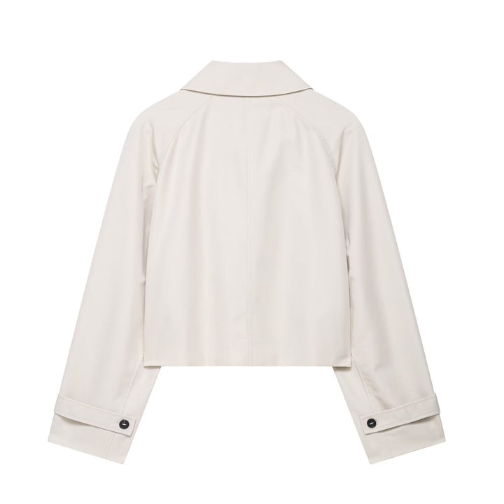 Relaxed fit women's cropped short jacket, versatile minimalist outerwear for modern spring and autumn fashion.