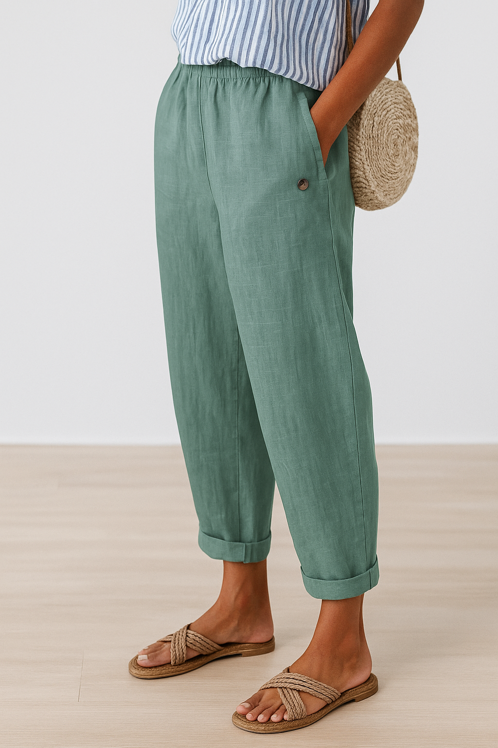 Elegant women's cropped straight-leg trousers featuring convenient side pockets, suitable for smart casual & work outfits.