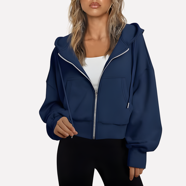 Comfortable women's cropped hoodie jacket, a chic drawstring zip-up for fashion layering.