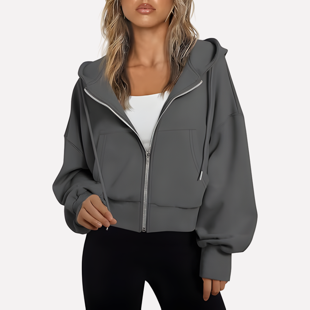 Everyday women's cropped zip hoodie, a relaxed fit drawstring top for versatile styling.