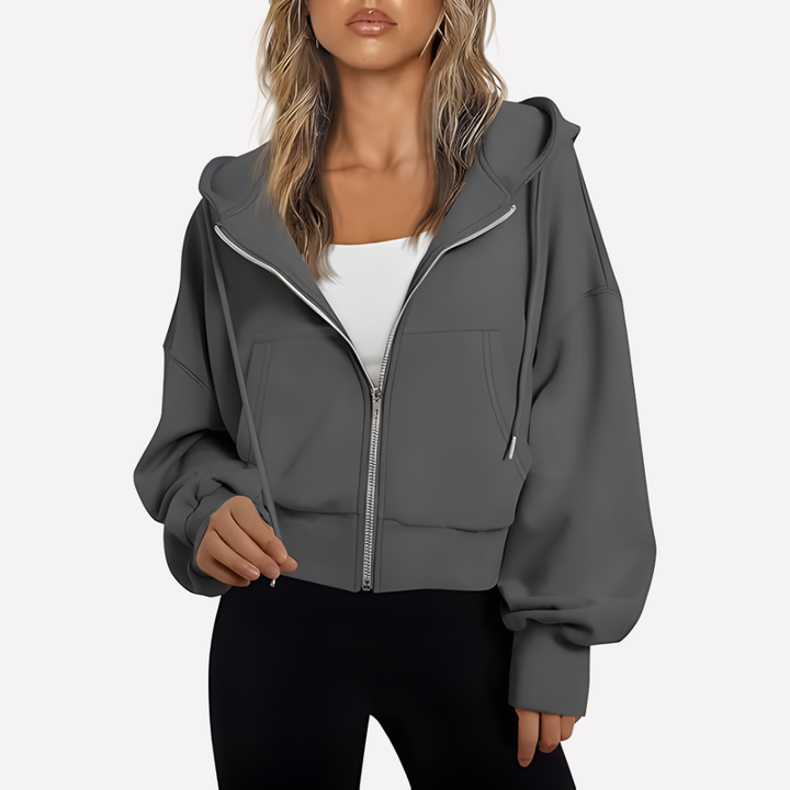 Everyday women's cropped zip hoodie, a relaxed fit drawstring top for versatile styling.