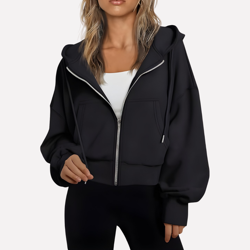Chic women's cropped hoodie jacket with a functional zip and comfy drawstring.