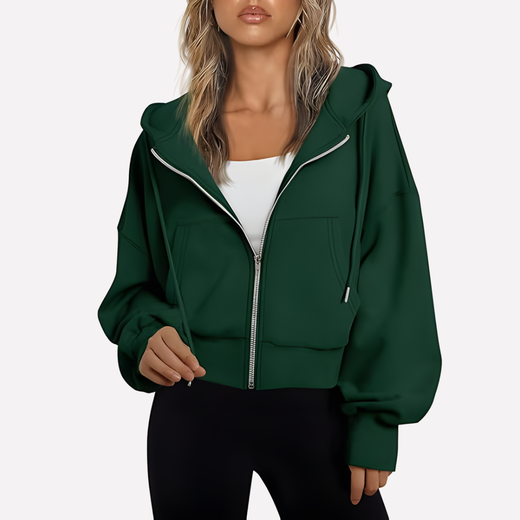 Everyday style women's cropped zip hoodie, a fashionable drawstring jacket for outerwear.