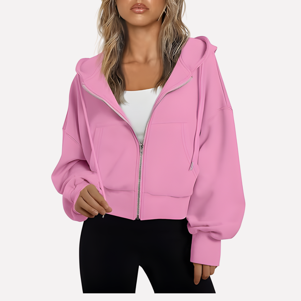 Women's comfortable cropped zip-front hoodie, a relaxed fit drawstring jacket for daily style.