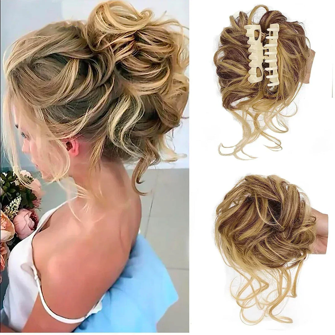 Women's curly clip-in hair bun for instant volume & elegant updo. Synthetic, natural-looking.