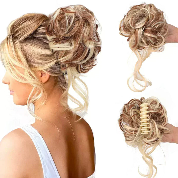 Hair accessory: women's curly clip-in bun. Volumizing synthetic hairpiece for quick, elegant updos.