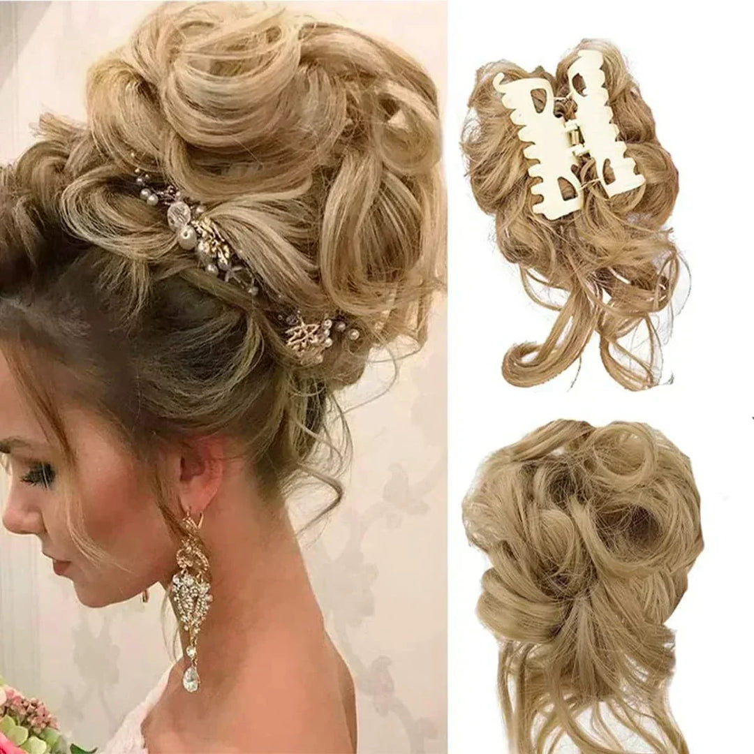 Instant volume curly bun for women. Secure clip-in synthetic hairpiece, perfect for a chic updo.